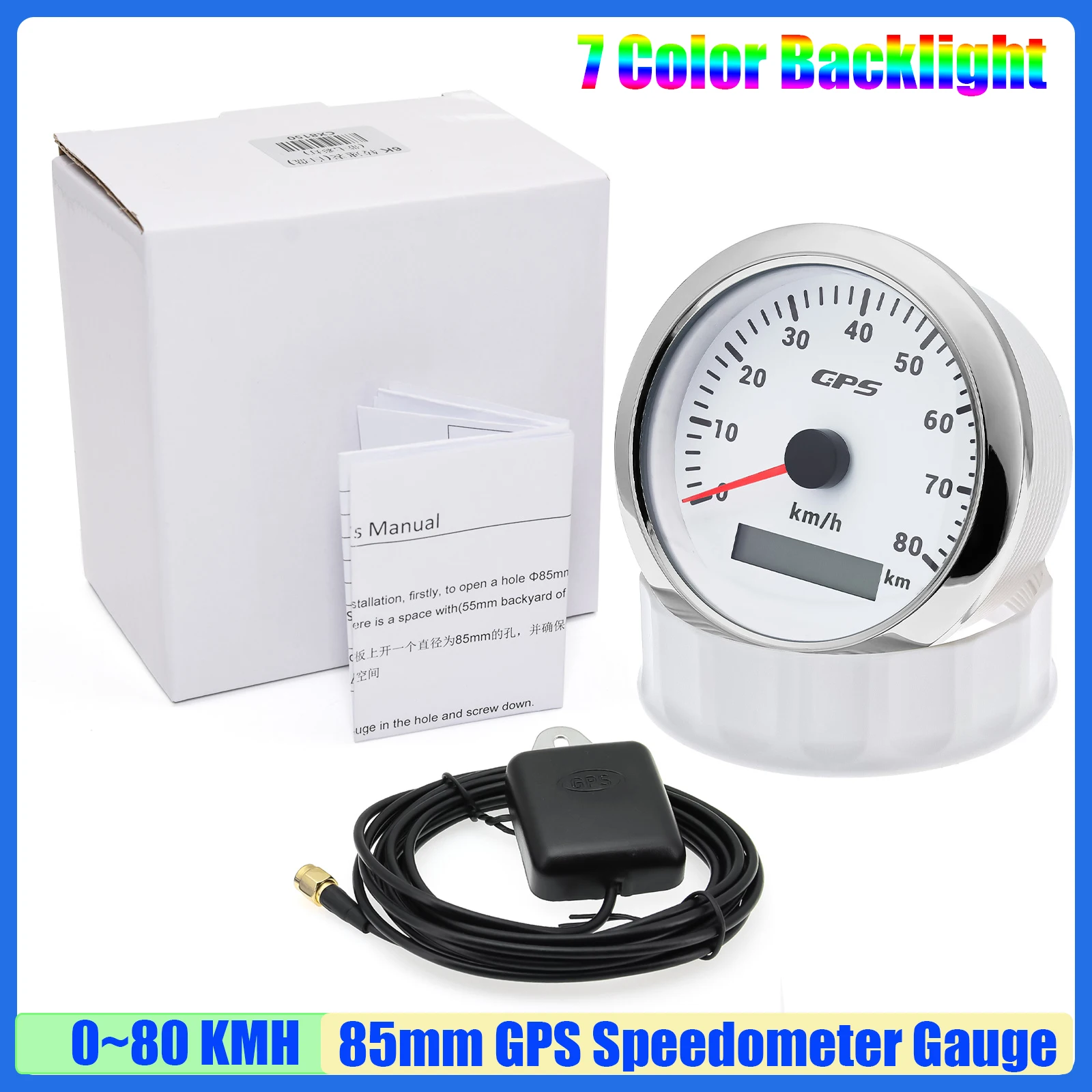 

Изготовленный на заказ 85 мм GPS-спидометр с GPS-антенной, 7-цветная подсветка, измеритель скорости 30 ~ 200 км/ч для авто, морской лодки, 12 В, 24 В