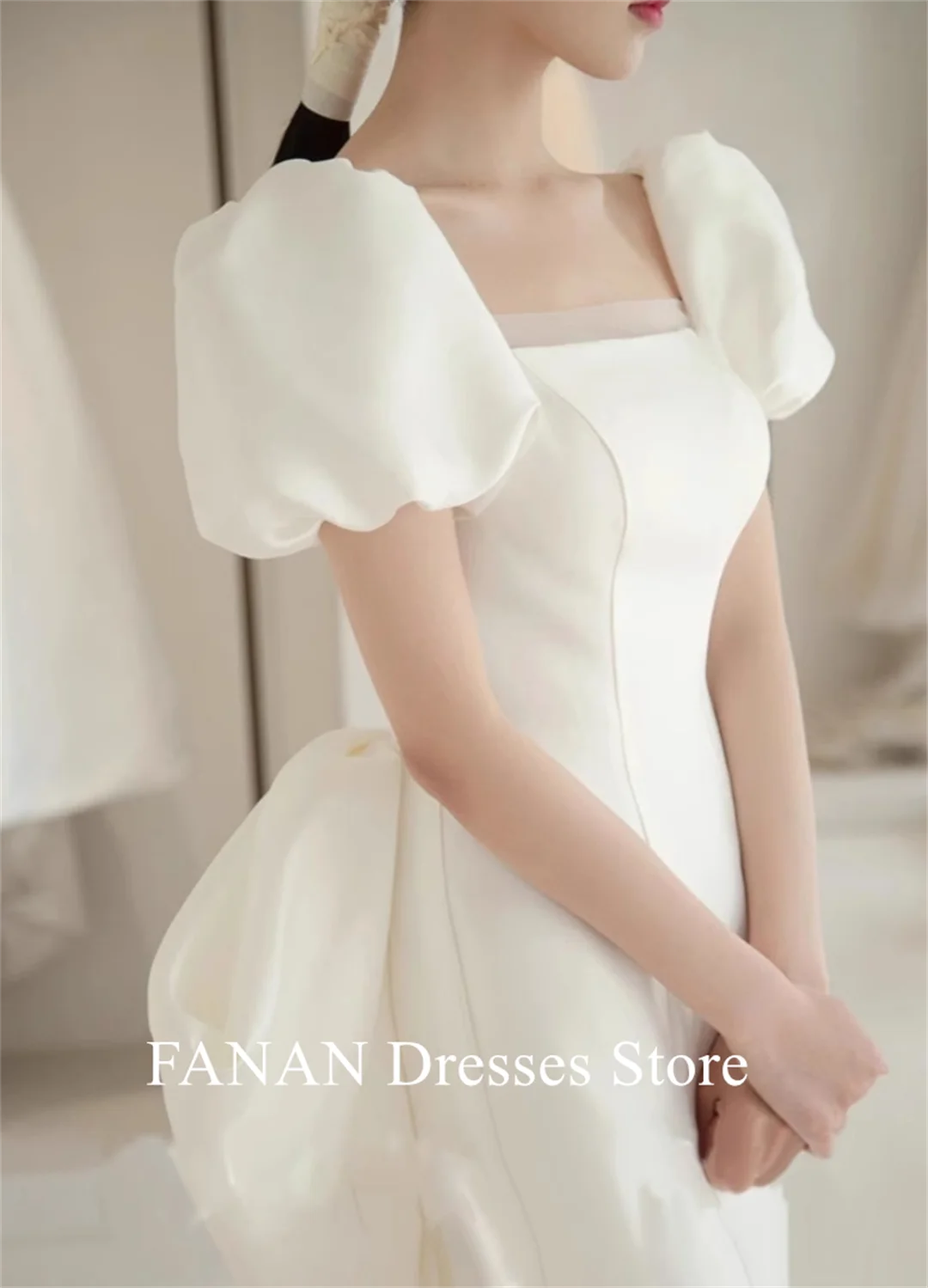 Фото Женское атласное платье FANAN, с квадратным вырезом, с коротким рукавом №3