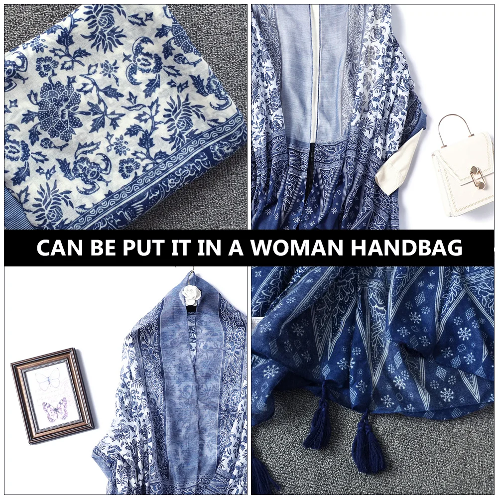 Синий и белый фарфоровый шарф с кисточками шаль накидки для хлопковой