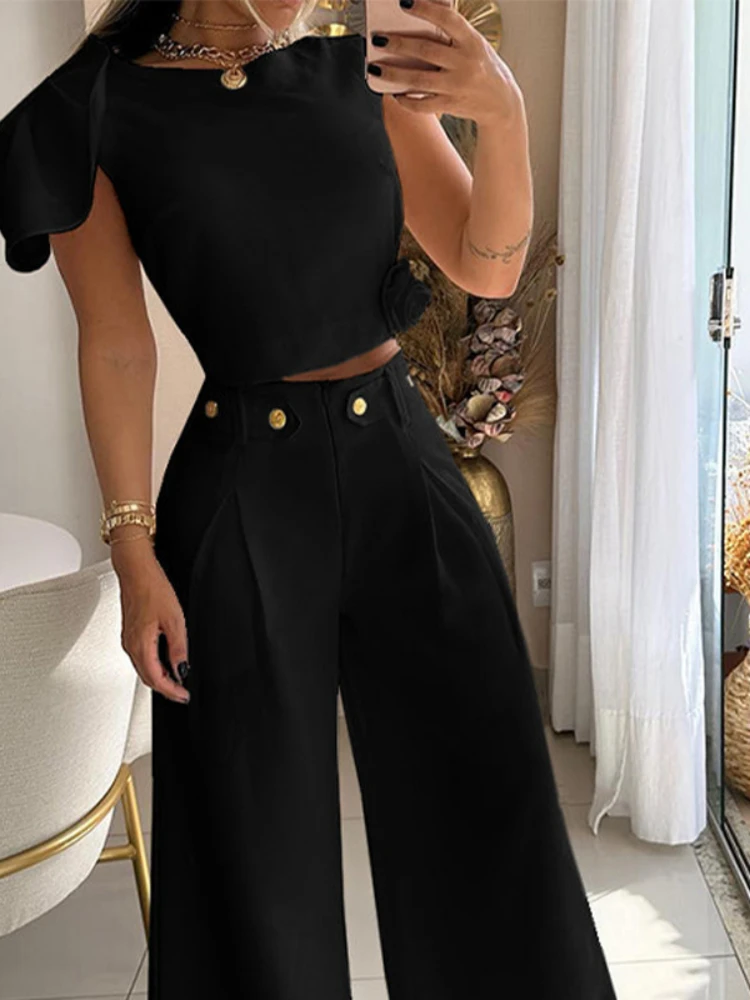 Комплекты брюк из двух предметов. Женские топы на одно плечо с круглым вырезом.