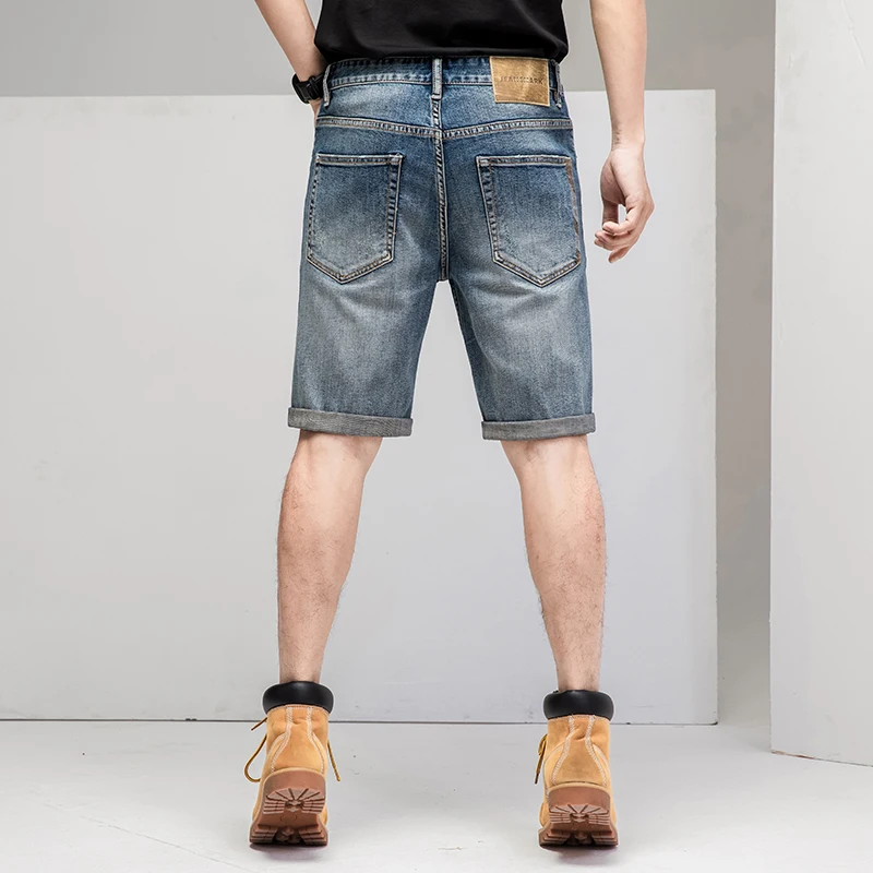 Men's Summer Fashion Middle Waist Micro Elastic Zipper Open Five Point Denim Shorts Handsome Masculine Jean Short Drop Shipping