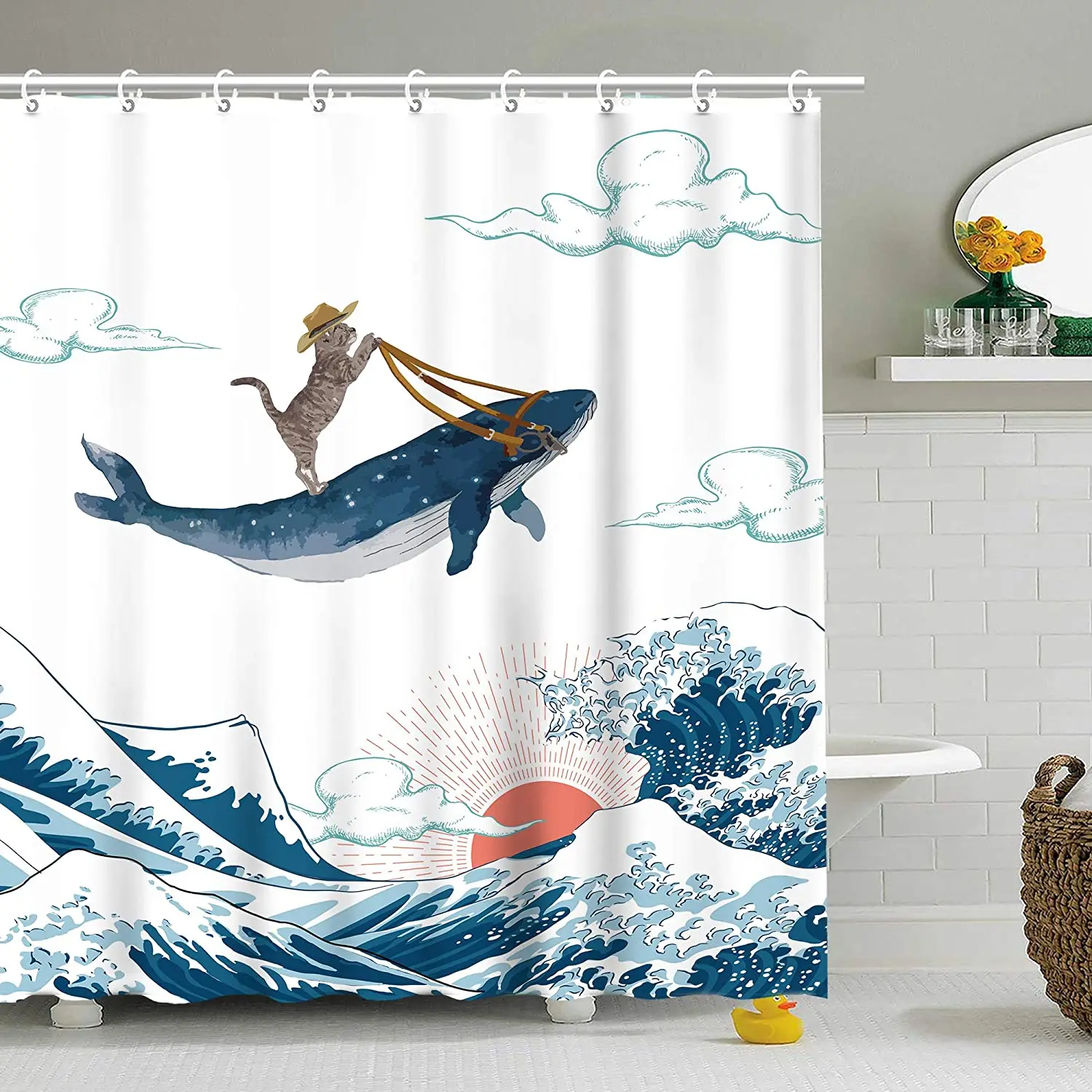 

Japan Waves Shower Curtains Ocean Animal Shark Whale Sea Scenery Creative Bathroom Curtain Bath Screen Home Decor Fabric Cloth
