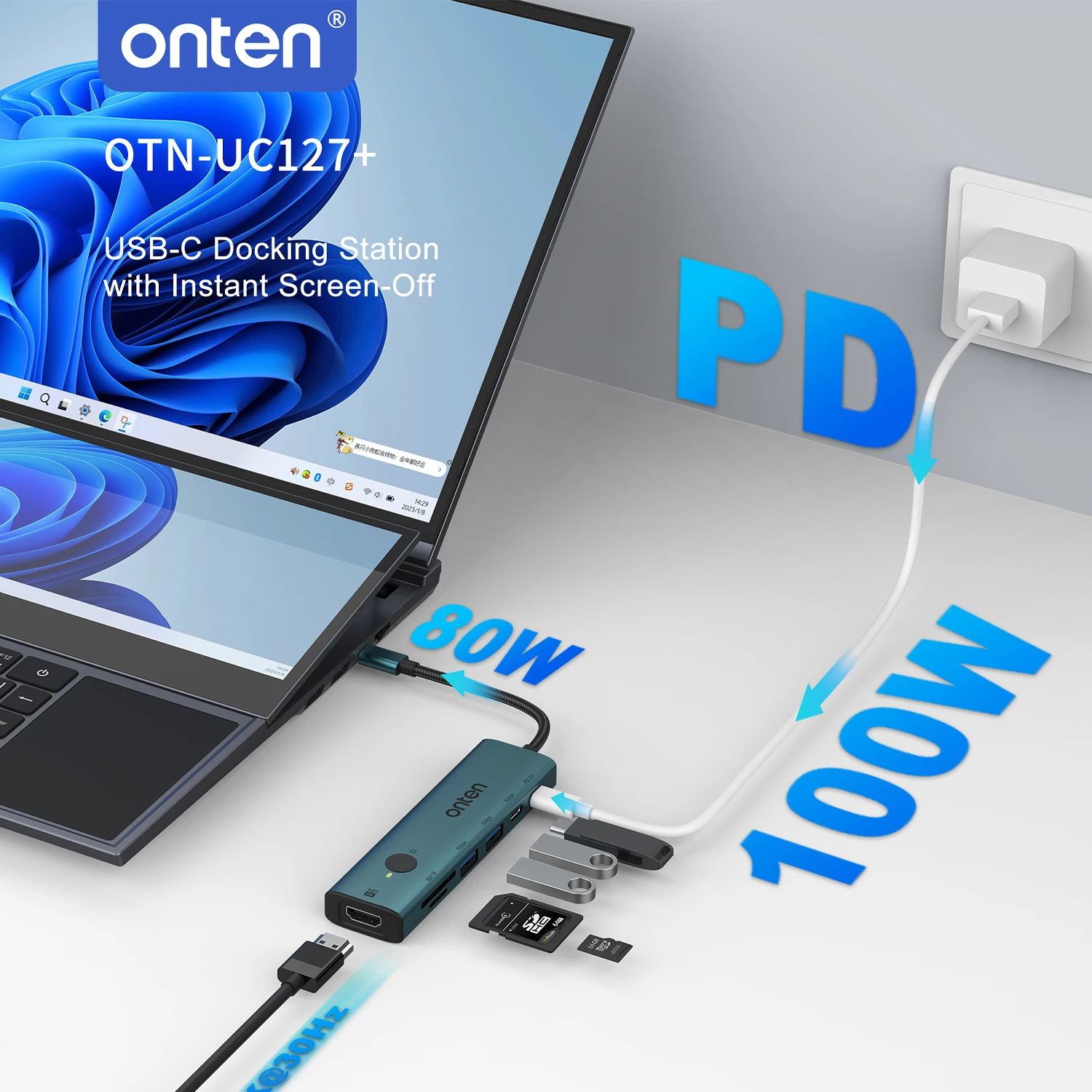 Фото Оригинальный 7 в 1 USB-C HDTV-концентратор Экран включения/выключения 5 Гбит/с USB-A/C Быстрая скорость синхронизации данных PD 100 Вт SD/TF 3.0 Устройство чтения карт памяти для Macbook №4