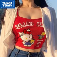 takara tomy summer new cute hello kitty cartoon printed cotton red vest student short slim fit seaside beach suspender top
