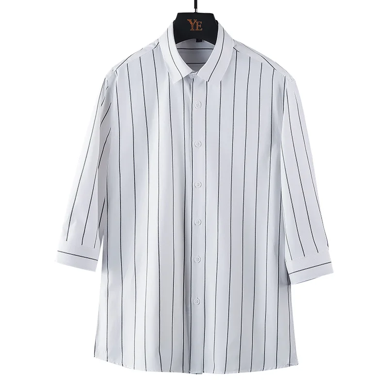 

Spring Summer Men Shirt Three Quarter Sleeve Striped Casual Shirts Mens Turn Down Collar Slim Fit Single Breasted Male Blouse