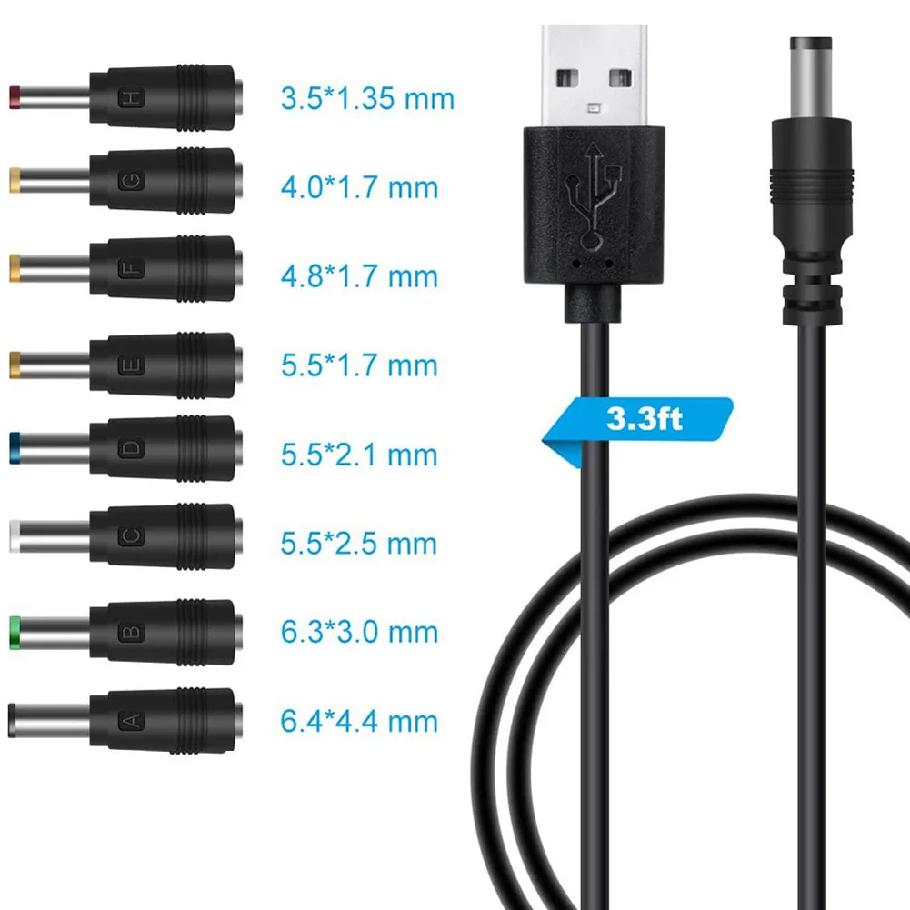 

8 In 1 Universal Power Cable USB to DC 5.5 x 2.1mm Jack 5V Charging Cord For Audio Speaker Router Blood Pressure Meter