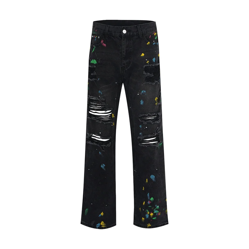 

Streetwear Jeans for Men Ripped Damage Hole Brushed Painted Spliced Designer Pants Korean Kpop Unisex Black Denim Retro Trousers