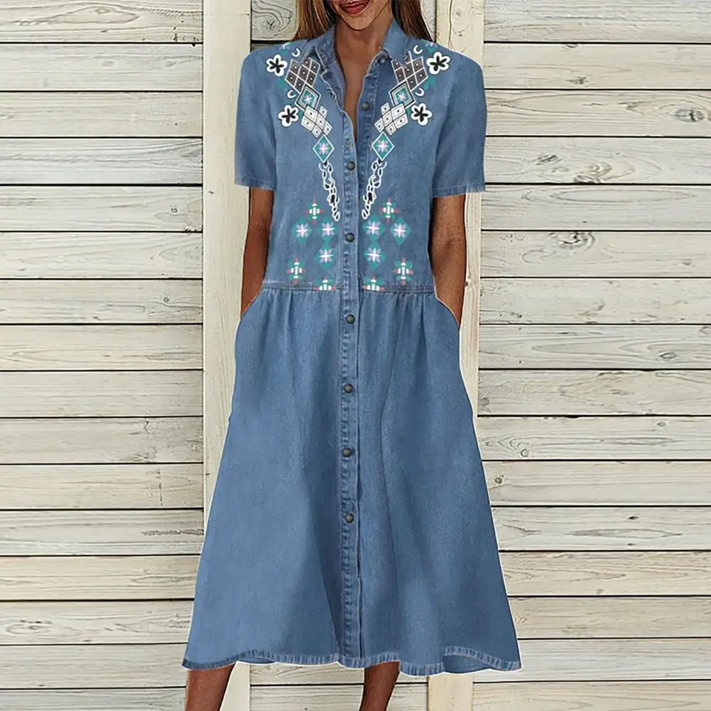 

Fashion Denim Dress Women 2022 Autumn Lapel Short Sleeve Side Pockets Button-down Printing Denim Shirt Long Dress Streetwear