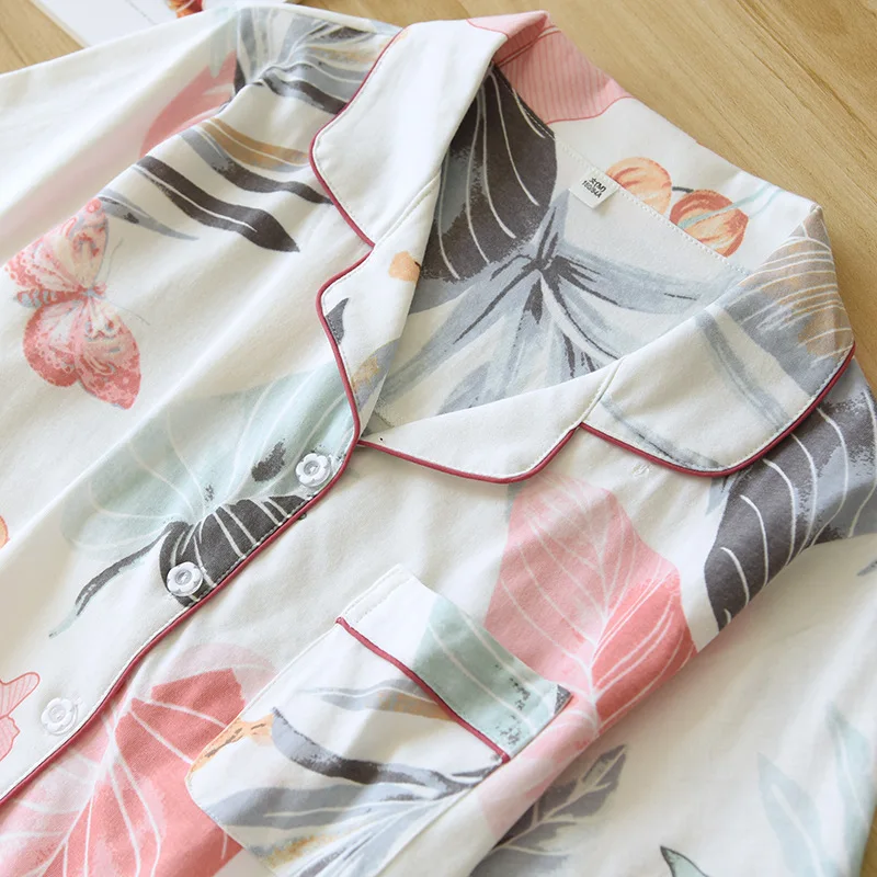 Spring and Summer New Ladies Pajamas Two-piece Knitted Pure Cotton Home Wear Thin Short-sleeved Trousers Cardigan Pyjamas Women