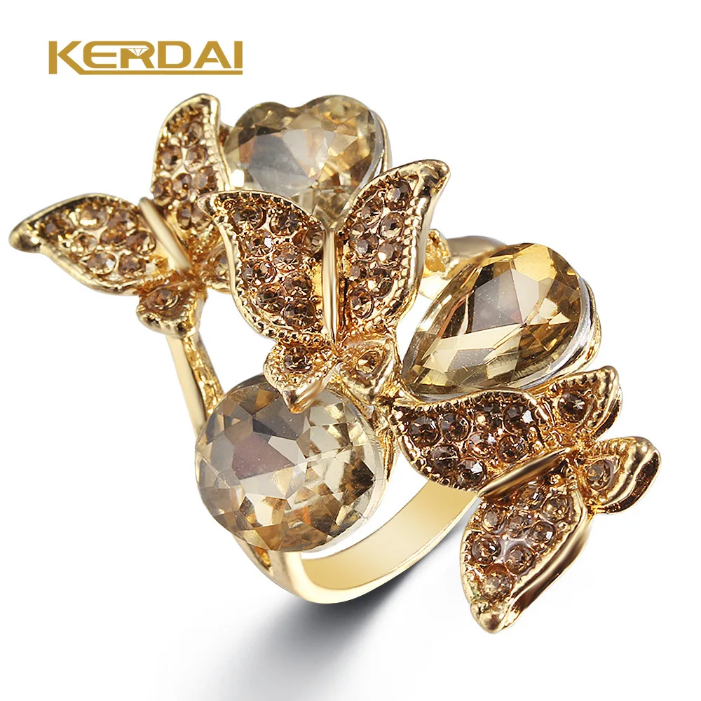 

Fashion Retro Exaggerated Champagne Zircon Butterfly Shaped Chunky Rings for Women Girls Party Jewelry
