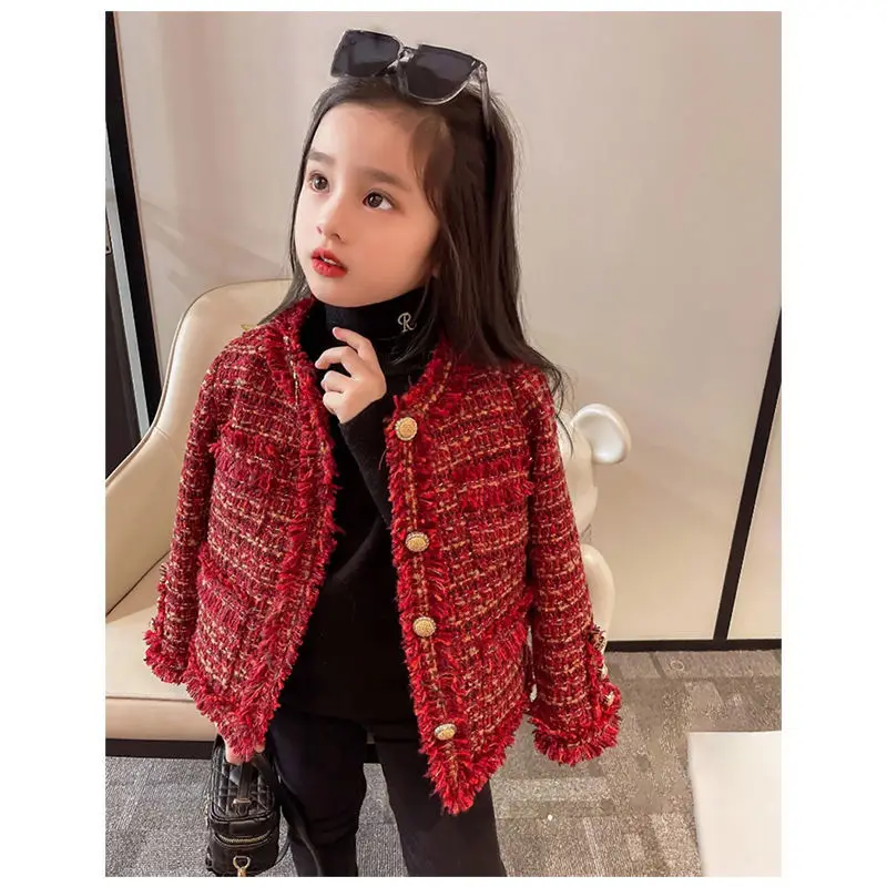 

2 to 8 Year New 2022 Girls Jackets Woolen Single-breasted Torn Coat Kids Outwear Outfit Coats For Baby Girls Windbreaker Red