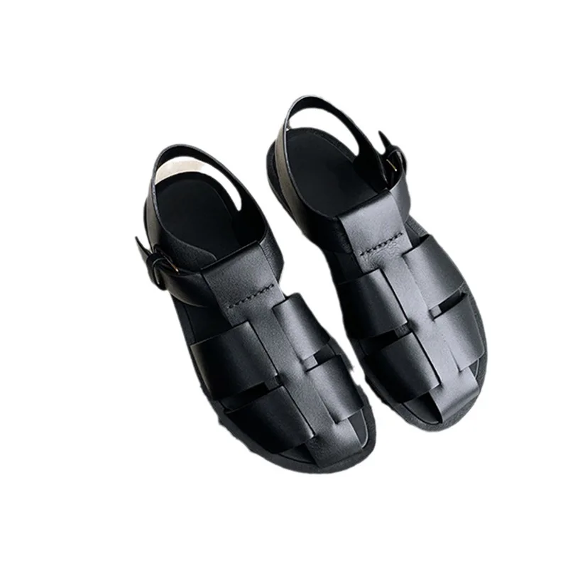 Низкие сандалии женские кожаные дышащие туфли на каблуке с ремешками костюм