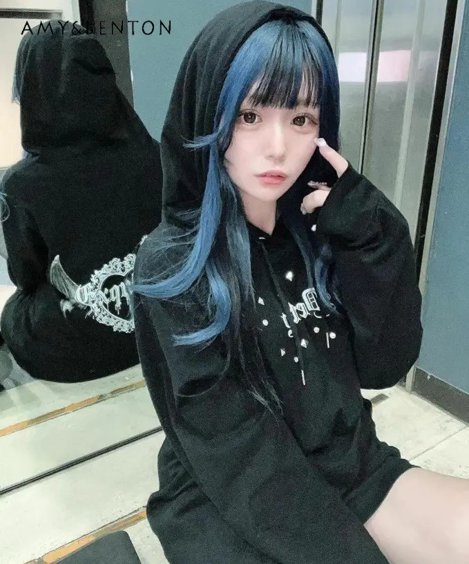 

Женские толстовки Стразы в японском стиле весна-осень 2023 с капюшоном и надписью, свободная толстовка с длинным рукавом и крыльями сзади