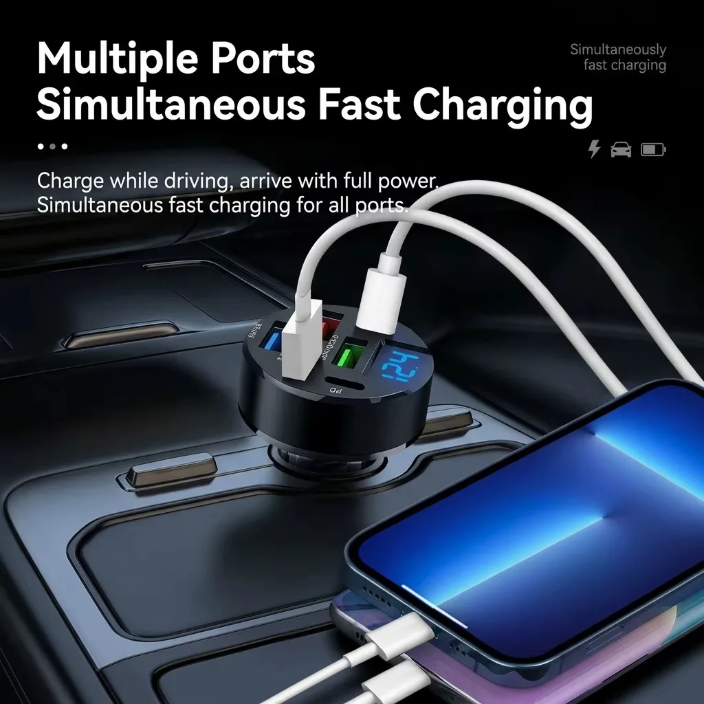 Фото Многопортовое автомобильное зарядное устройство USB-C 12В/24В с дисплеем напряжения в реальном времени, сверхбыстрый адаптер для зарядки iPhone, Samsung, планшетов, iPad №3