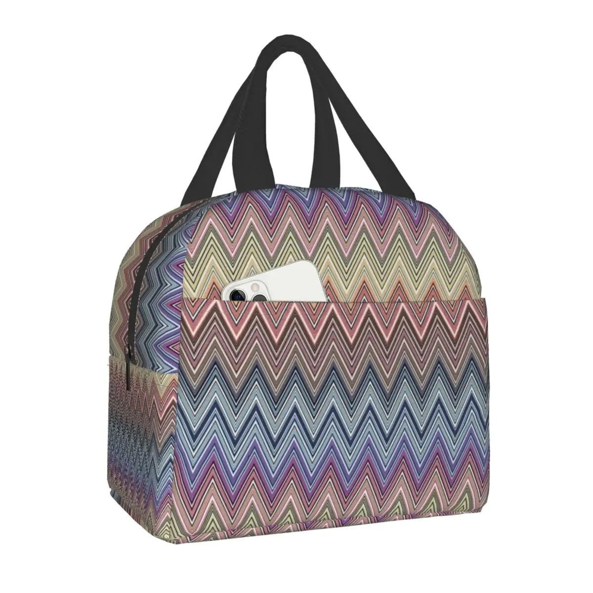 

Home Zig Zag Pattern Portable Lunch Box for Women Bohemian Geometric Zigzag Cooler Thermal Food Insulated Lunch Bag Kids School