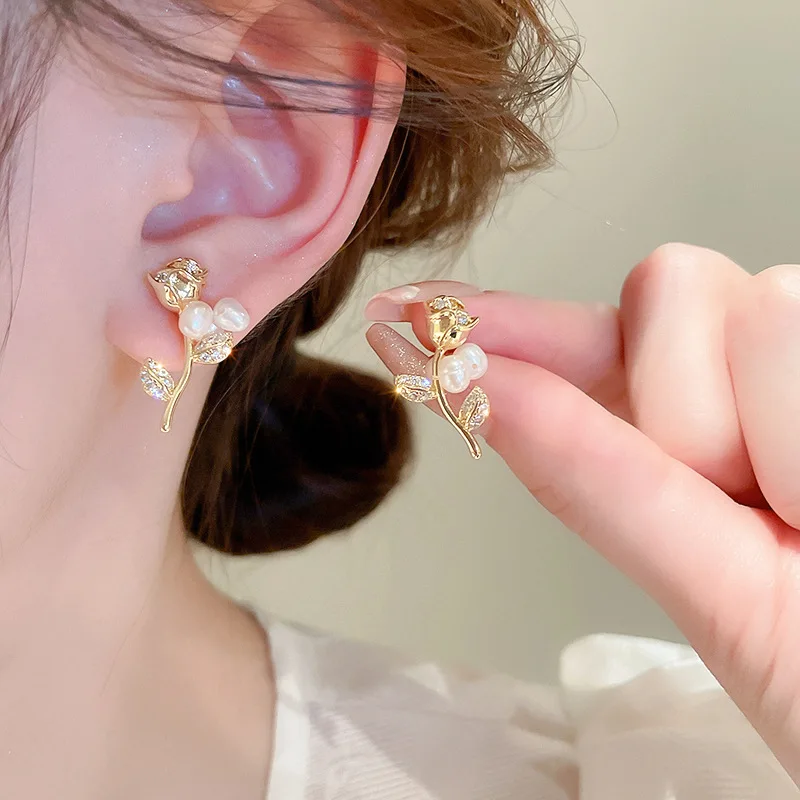 

Minar Korean Style Shiny CZ Cubic Zirconia Faux Pearl Flower Drop Earrings for Women Gold Plated Copper Tulip Earring Brincos