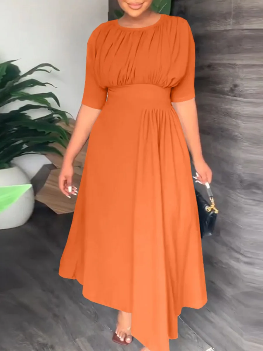 

LW Elegant Ruched A Line Dress Cotton Blends Plain Half Sleeve Invisible Zipper Back Long Asymmetrical Dress Maxi Vestidos