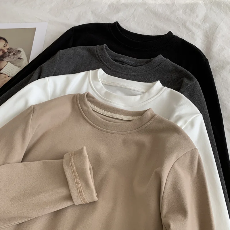 Korean Sle Simple Basic Solid Dralon round Neck Long sleeve Bottoming Shirt Women Loose Inner wear Thick Warm T-shirt Winter