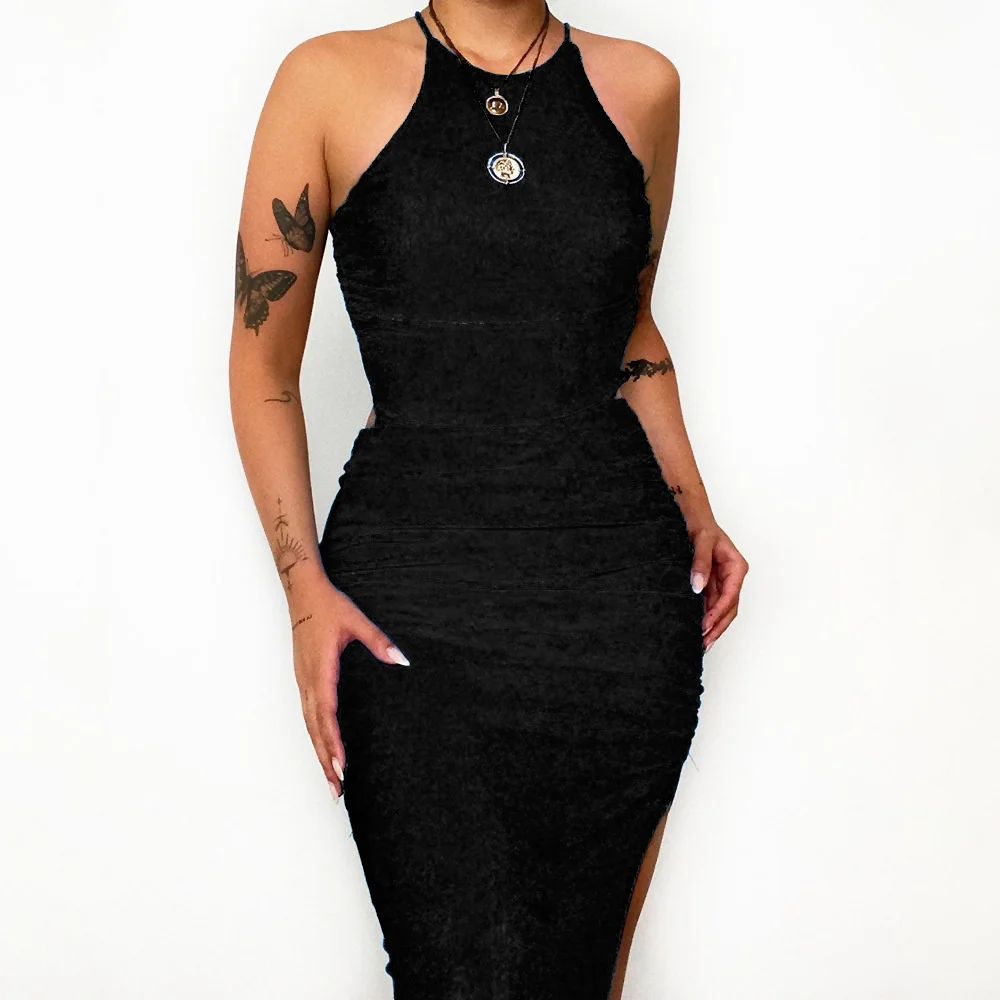 

Casual slim fashion sexy elegant 2023 new dress,Summer new product solid color sexy hanging neck open back pleated split dress w
