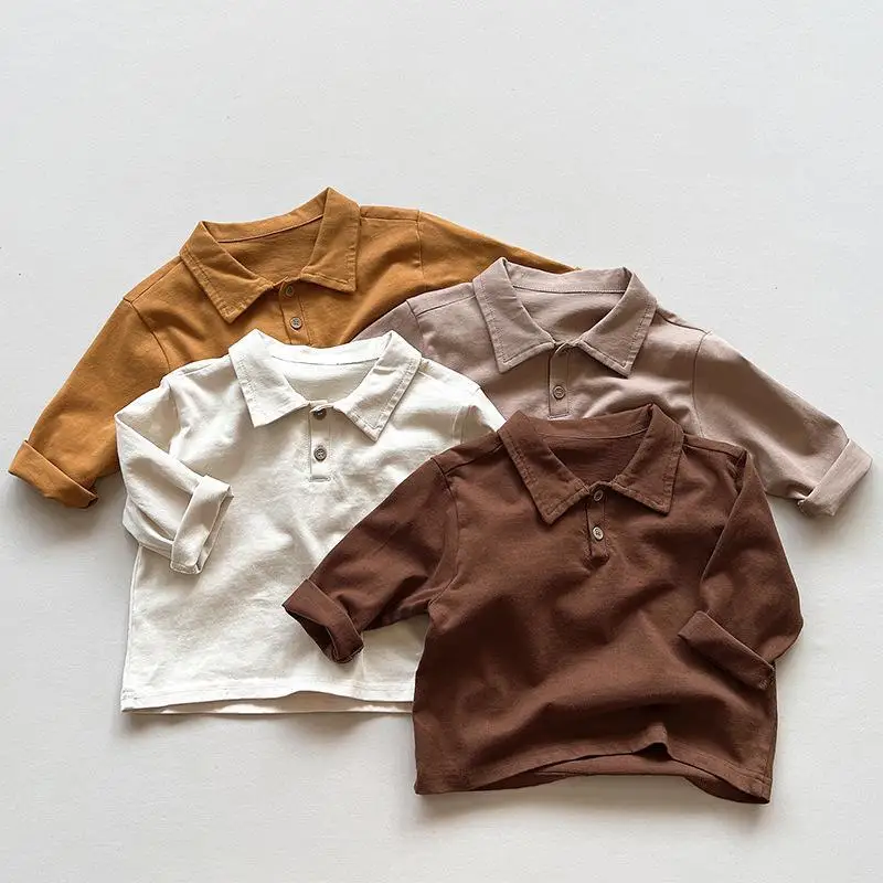 

2022 New Children Casual T Shirts Solid Boys Girls Long Sleeve Lapel T Shirts Cotton Kids Bottoming Shirts Vintage Infant Tops