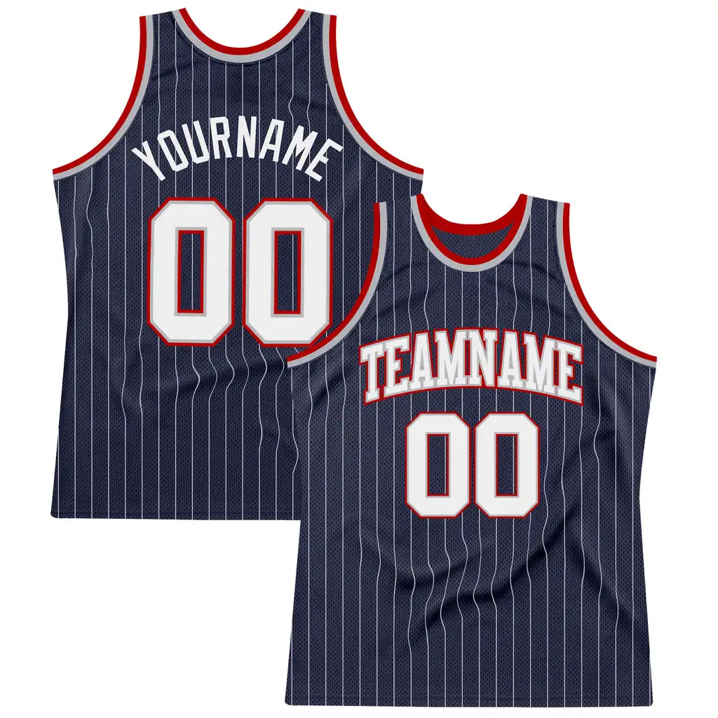 

Custom Navy Pinstripe White Gray-Red Authentic Basketball Shirt Personalised