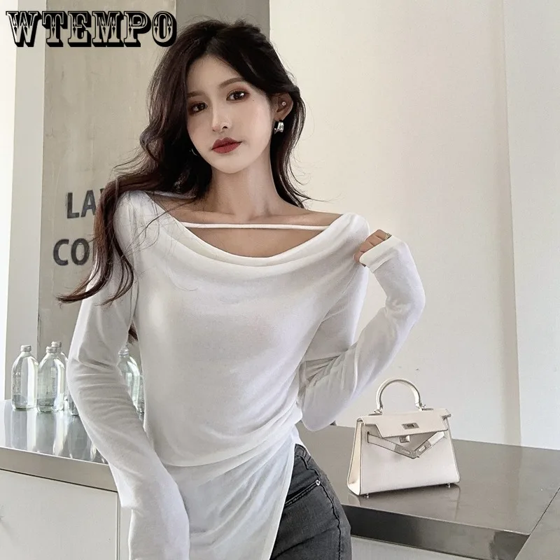 

Белый Свободный Топ с длинным рукавом, тонкая майка с разрезом на подоле, Женская Сексуальная футболка с открытой спиной, чистый Desire, корейская мода, Y2K, осенняя футболка