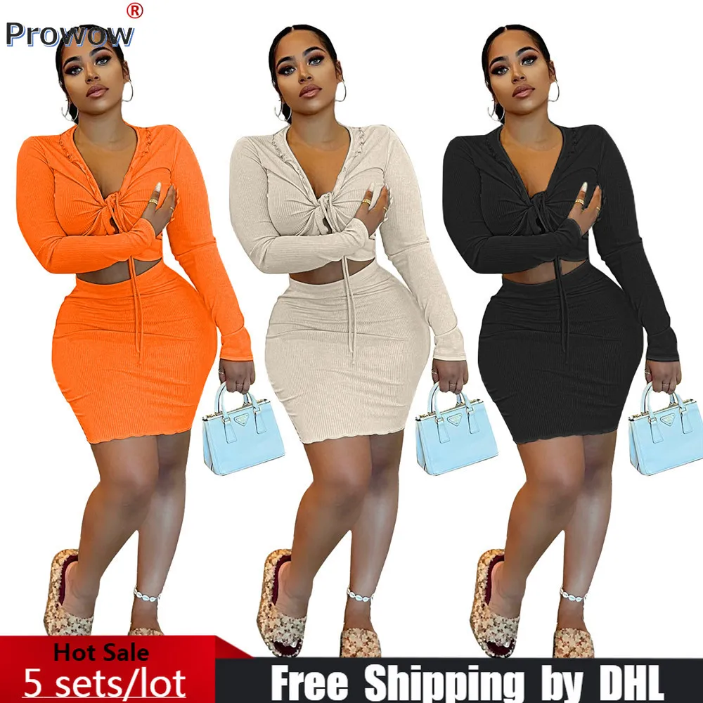 

2023 Fall Winter Women Matching Dress Set Sexy Solid 2 Pcs Outfit Cute Rib Club Suit Long Sleeve Cardigan + Skirt Wholesale 8186