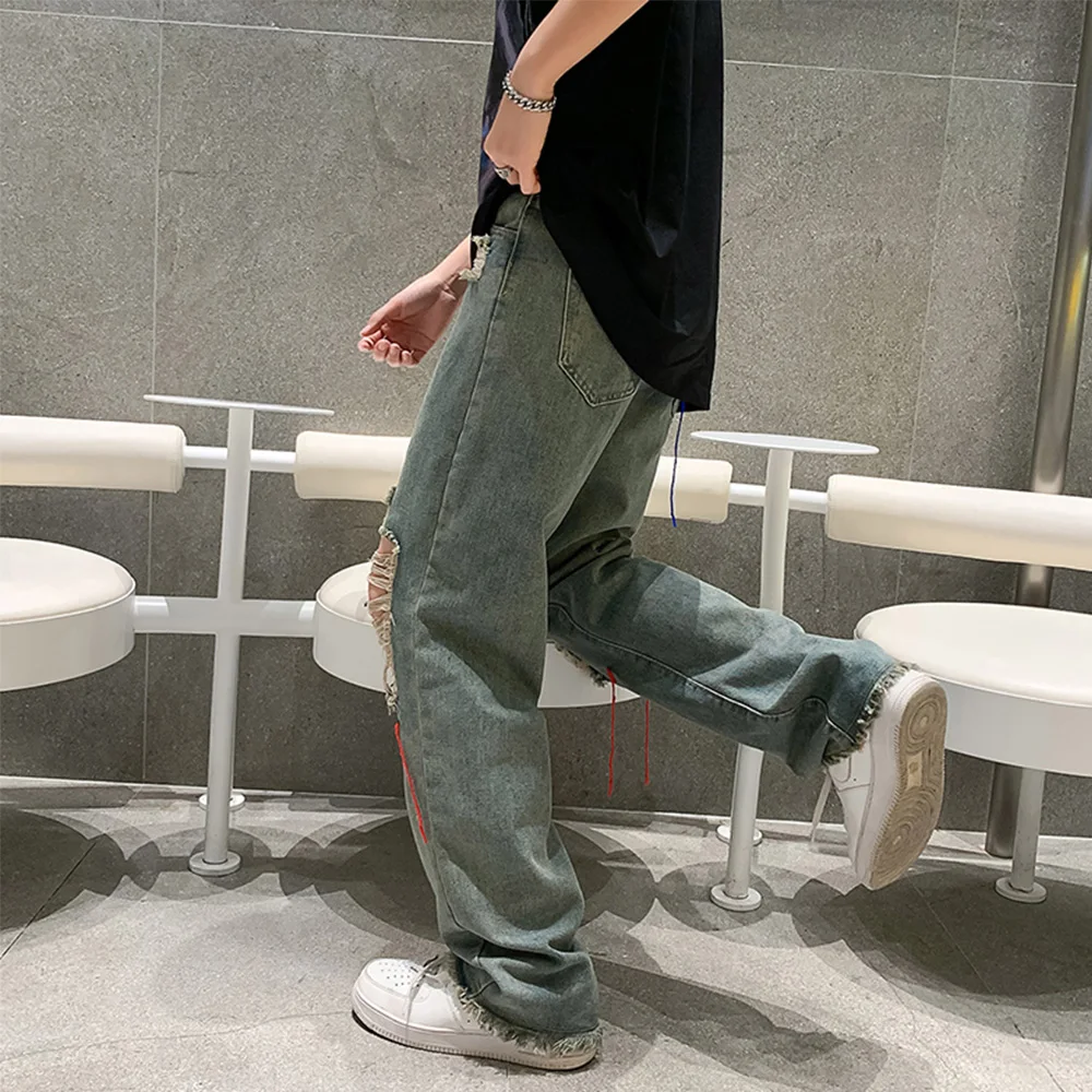 Men Y2k Jeans Baggy Ripped Fashion Vintage Blue Hole Pants Casual Gothic Straight Hip Hop Male Denim Streetwear Clothes