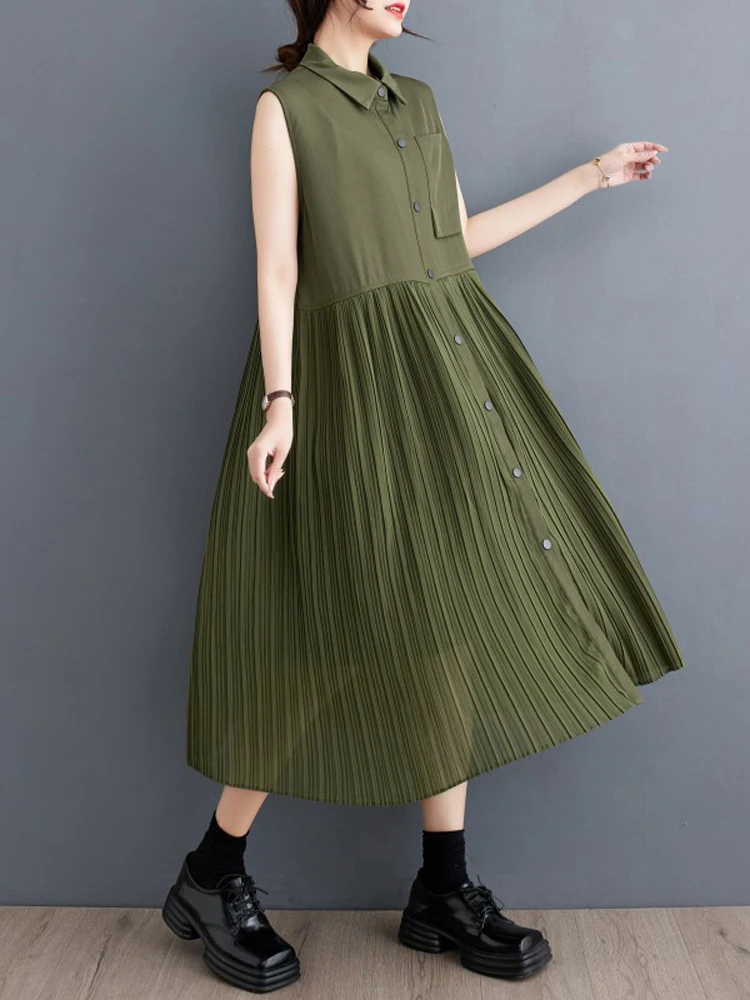 

Женское платье без рукавов, Свободное длинное платье в Корейском стиле с лацканами и пуговицами, лето 2023