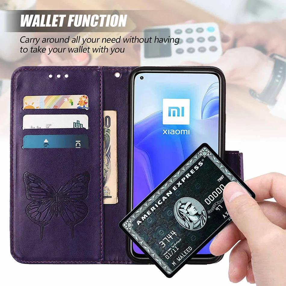 Etui Leather Wallet Flip Case For Xiaomi 11T 11 Lite Redmi A1 10C 10A 9 9A 9C 9T Note 10 Pro/10T/9 Butterfly Pattern Phone Cover