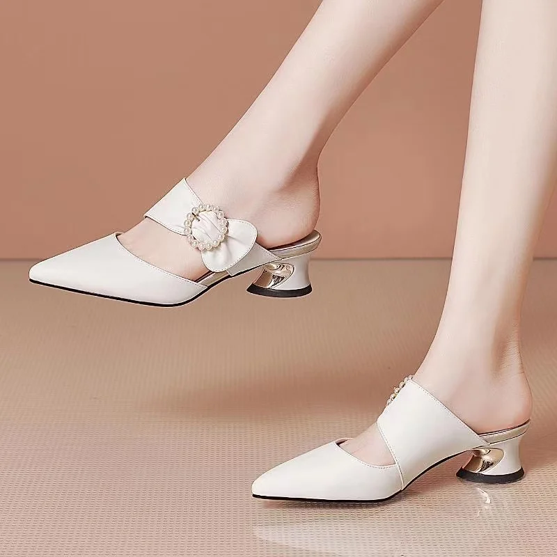 Summer Women String Bead Slides 4 cm High Heels Elegant Dress Shoes Pointed Toe Slippers White Wedding Shoes