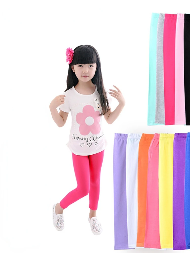 2023 New Girl Pants Soft Elastic Cotton Kids Leggings Candy Cute Girls Skinny  Trousers Solid Color Teenage  Clothing