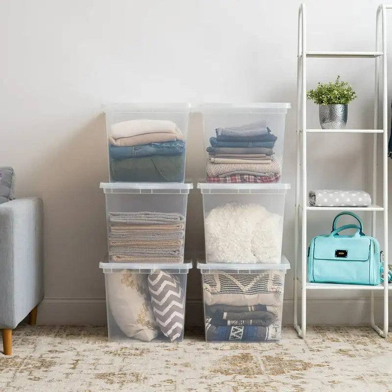 

68 Quart Jumbo Stackable Plastic Closet Storage Organizer Box, Clear, Set of 6