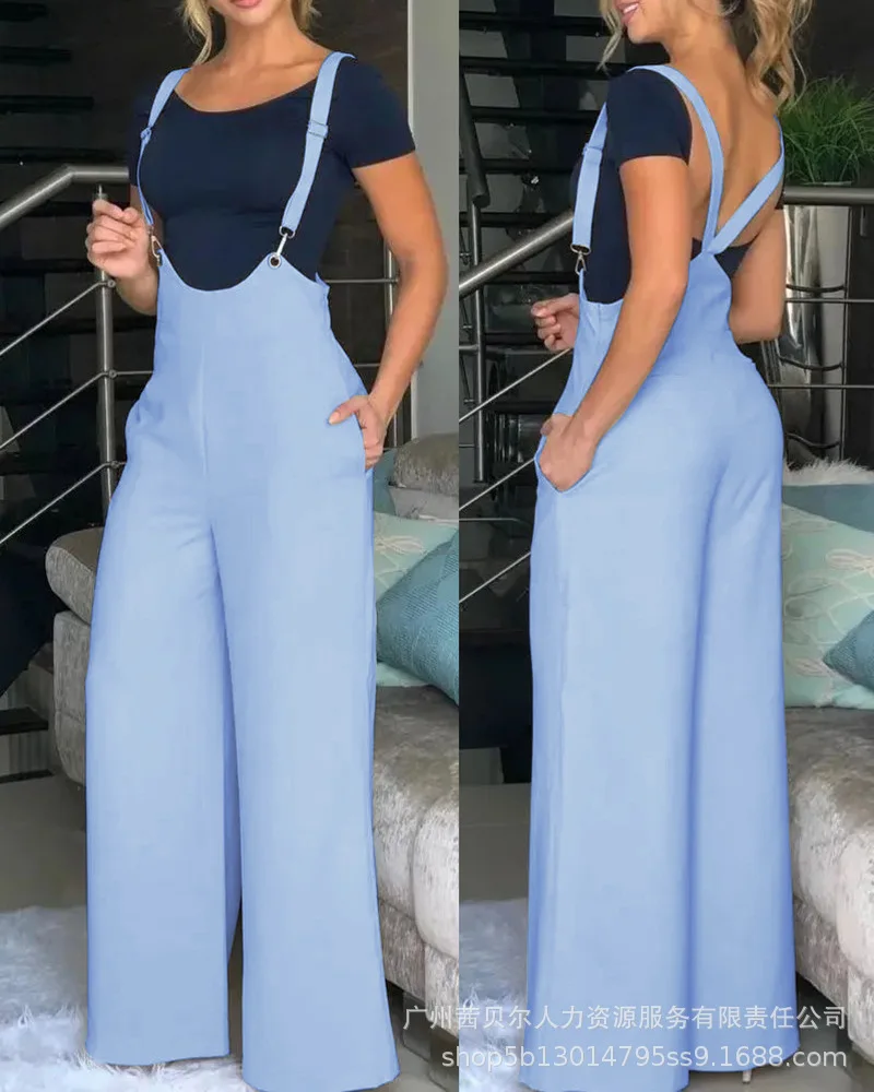 Elegant Office Jumpsuit Women Summer Beige High Waisted Fashion Casual Pocket Design Wide Leg Trousers Lady Rompers 2023 New