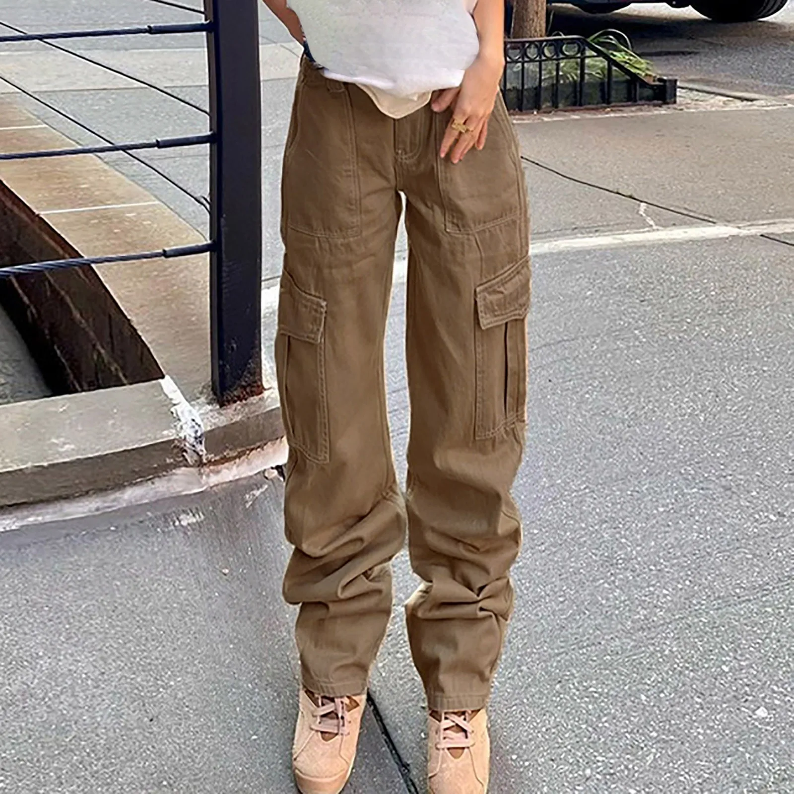 

Fashion Y2k Pockets Cargo Long Pants For Women Elastic High Waist Sweatpants Female Casual Drawstring Wide Leg Baggy Trousers