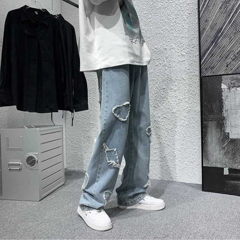 DEEPTOWN Vintage Straight Jeans Men Embroidered Heart Denim Pants Streetwear Loose Trousers Male Hip Hop Casual Fashion Spring