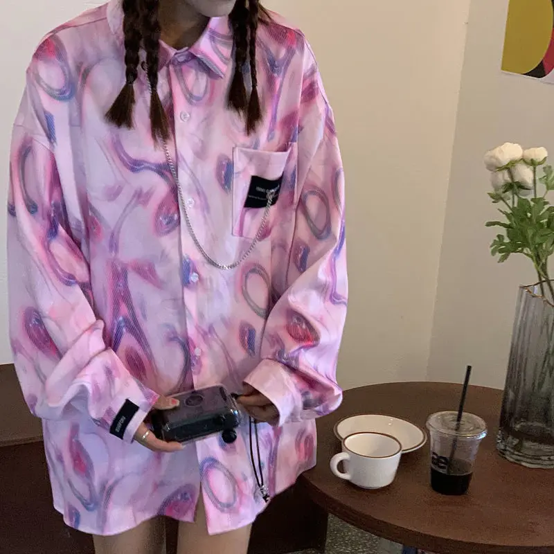 

EBAIHUI Punk Women's Shirt with Chain Gothic Ladies Blouse New Tie Dye Korean Oversize Long Sleeve Loose Top Casual Clothes