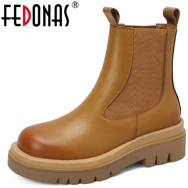 

FEDONAS Platform Women Ankle Boots Autumn Winter Concise Popular Leisure Working Outdoor Genuine Leather Thick Heels Shoes Woman