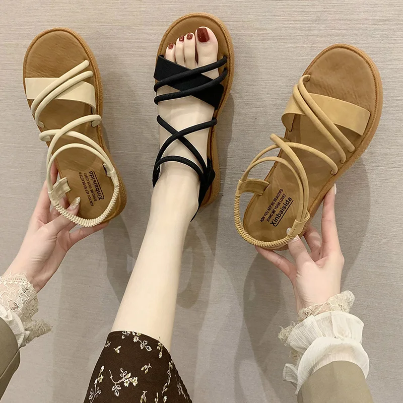 

Low Sandals Woman Leather Shoes Lady 2022 Summer Heels All-Match Two Weare Low-heeled Flat New Comfort Girls Fashion Basic Slide