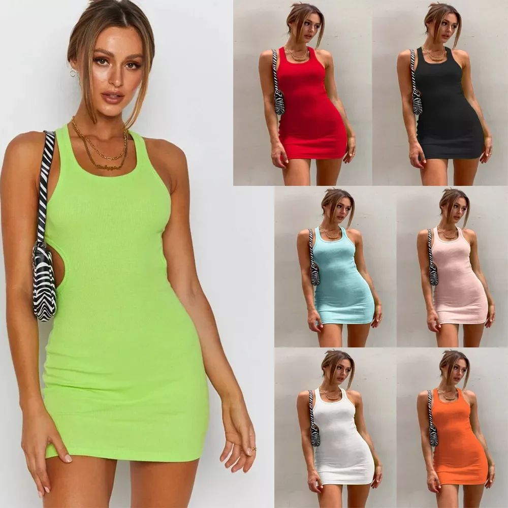 

New2022 Backless Sexy Mini Dress Summer Plain White Black T Shirt Dresses For Women Casual Ribbed Bodycon Tank Dress 2021
