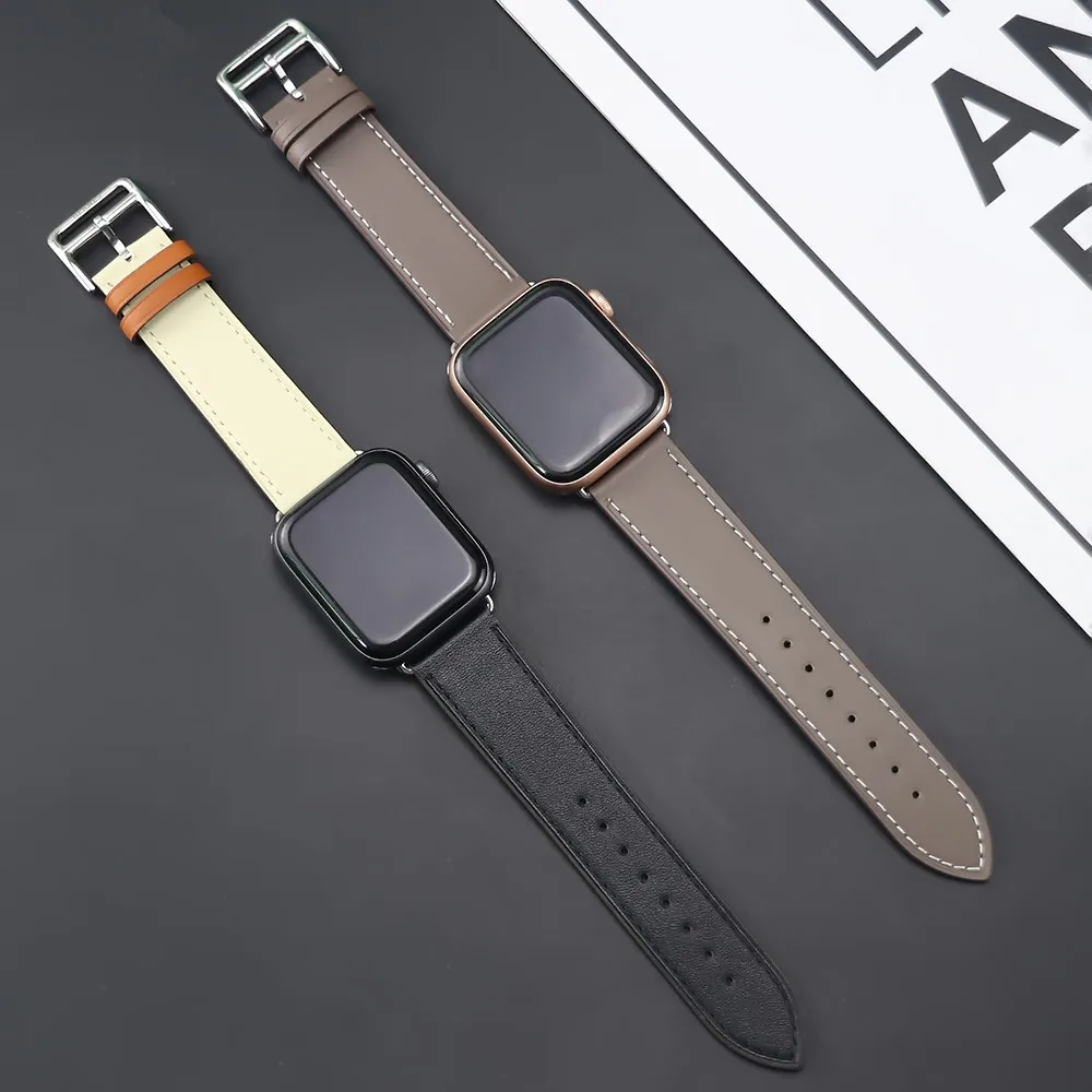 Genuine Leather With Logo Band For Apple Watch Series 8 7 Bracelet Leather Loop Strap For iWatch Ultra 49mm 40mm 44mm 41mm 45mm