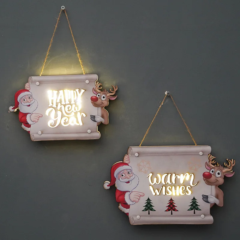 

Led Lights Doorplate Christmas Decoration Happy New Year Party Home Wall Hanging Decoration Pendant Wooden Sign Festival Layout