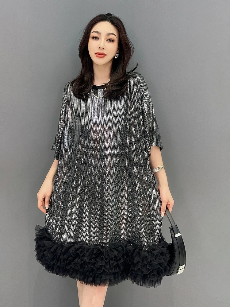 Женское платье с юбкой и блестками Длинное свободное платье-футболка оборками в