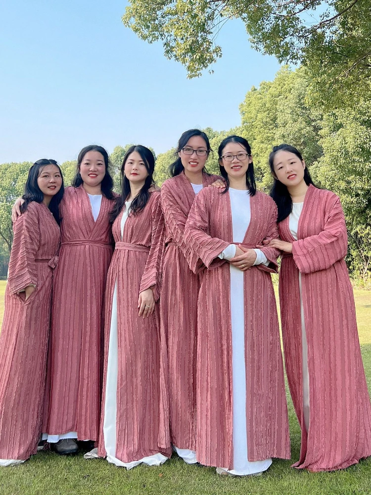 

2023 Fashion Muslim Women Stripe Open Abaya Dress Long Sleeve Cardigan with Pockets Soft Gown Dubai Islamic Clothing