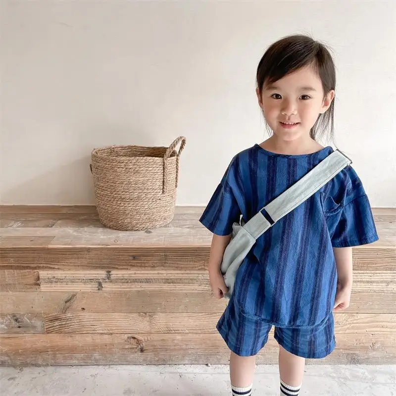 Костюм из хлопка и льна в полоску для детей 0-6 лет футболка с коротким рукавом