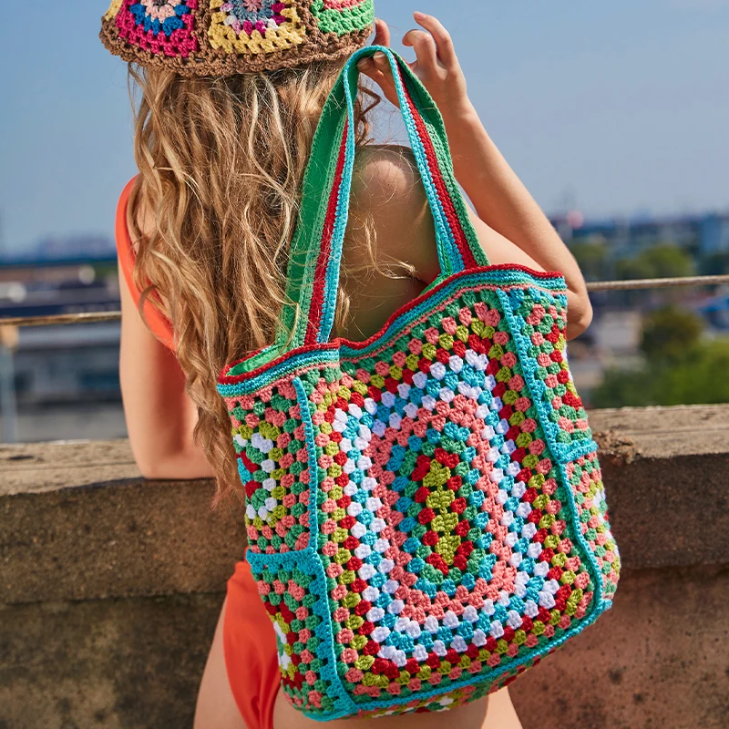 

Women Shoulder Bags Knitting Large Tote Bag Casual Lady Handbags Big Shopper Purses Summer Beach Bag Bohemian Paisley Crochet