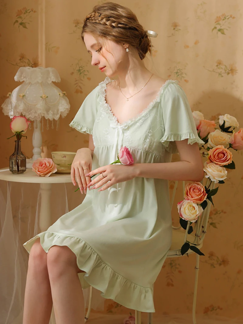 Women Summer Cotton Nightdress Short Sleeve Ruffles Vintage Princess Victorian Nightgown Sweet Girl Pajama Night Dress Sleepwear