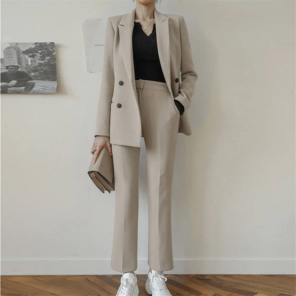 2023 Spring Fashion Women Solid Blazer Suit Elegant High Waist Ankle-Length Pants Office Ladies Double Breasted Female All-match