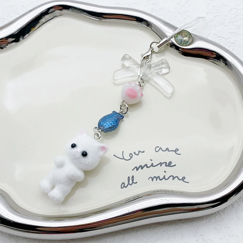 Милый флокирующий котенок бант кошачья лапа бисерный брелок Женская цепочка не