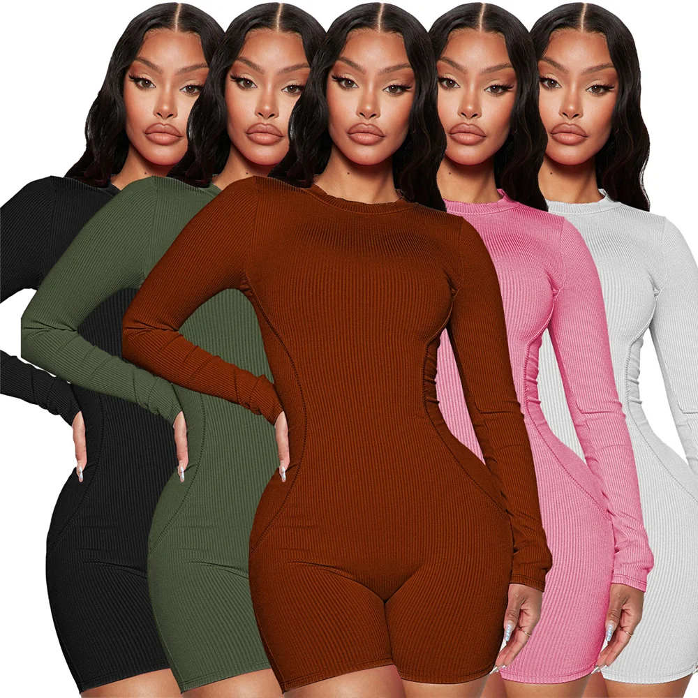 

One Pieces Jumpsuit Shorts Sexy Club Outfits for Women Solid Color Thread Long Sleeve Rompers Casual Sporty Track Playsuit